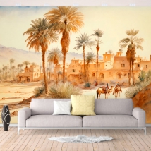 Wallpaper or wall mural drawing watercolor oriental landscape