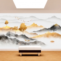 Wallpaper or mural illustration oriental landscape golden fog