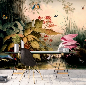 Wallpaper or mural vintage illustration lake with birds and ducks
