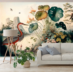 Wallpaper or mural vintage illustration wetland landscape birds butterflies