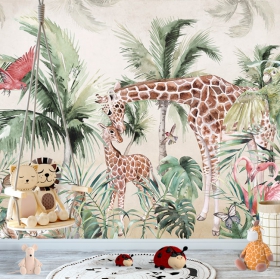 Wallpaper or mural watercolor tropical jungle giraffes tigers birds