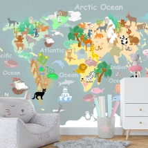 Wallpaper or mural world map with animals children's illustration