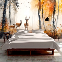 Wall mural or wallpaper drawing autumn landscape deer