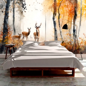 Wall mural or wallpaper drawing autumn landscape deer