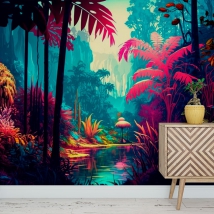 Wall mural or wallpaper modern colorful tropical jungle illustration