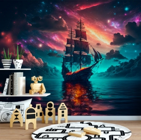 Wall mural or wallpaper classic ship on fire starry night for children's youth