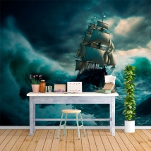 Wall mural or wallpaper adventure boat sailing in childish youthful storm