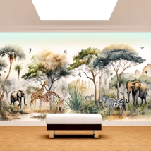 Wall mural or wallpaper horizontal landscape safari africa elephants zebras giraffes