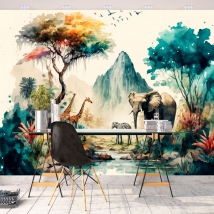 Wall mural or wallpaper watercolor landscape savannah elephants zebras mountains