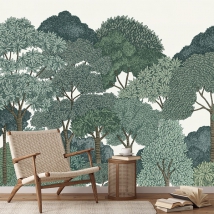 Wall mural or wallpaper illustration trees forest vintage style