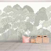Wall mural or wallpaper vintage drawing youthful gray forest trees