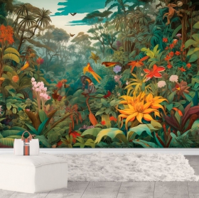 Wallpaper or mural tropical jungle drawing with flowers and birds for youth