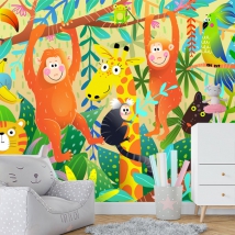 Wallpaper or mural child's drawing animals in the jungle monkeys giraffe panther