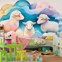 Wallpaper or mural children's watercolor drawing sheep sweet dreams