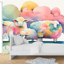 Wallpaper or mural children's watercolor drawing family sheep clouds