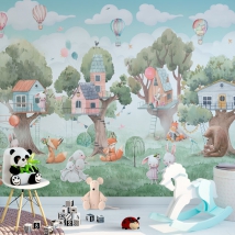 Wallpaper or mural children's watercolor drawing animals houses and balloons