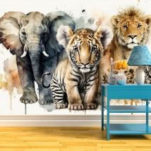 Wallpaper or mural watercolor illustration elephant tiger and lion modern youth