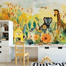 Wallpaper or mural children's drawing in watercolor animals in nature