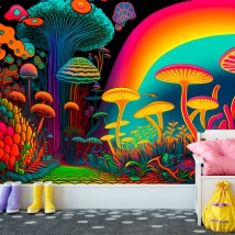 Wall mural or wallpaper youth illustration mushrooms psychedelic style neon colors