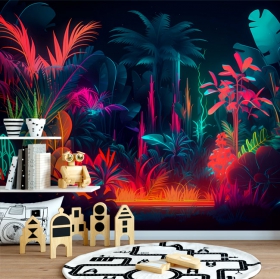 Wall mural or wallpaper fluorescent jungle night landscape illustration