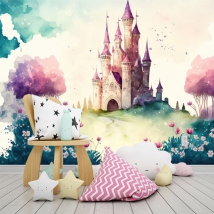 Wall mural or wallpaper drawing watercolor castle tale princess prince