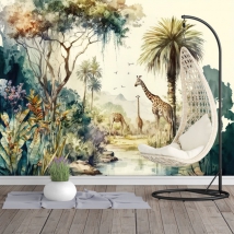 Wall mural or wallpaper jungle safari adventure giraffe palm trees birds river