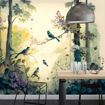 Wall mural or wallpaper watercolor drawing forest with birds