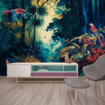 Wall mural or wallpaper watercolor tropical jungle drawing with macaws and butterflies