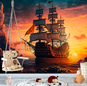 Wall mural or wallpaper illustration ship odyssey at sea children's youth adventure