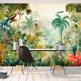 Modern drawing tropical jungle birds and macaws wallpaper or mural