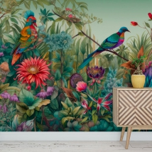 Modern wallpaper or mural drawing plants flowers and tropical birds