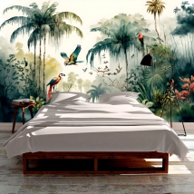 Wallpaper or mural tropical jungle drawing in watercolor with palm trees and macaws