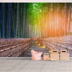 Sunset bamboo forest path wallpaper or mural