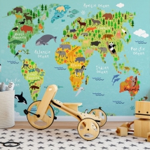 Wall mural or wallpaper children's world map with drawings of animals and trees by region