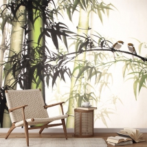 Wall mural or wallpaper bamboo landscape with birds relaxing zen