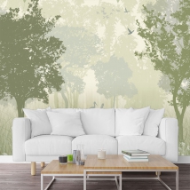 Wall mural or wallpaper drawing forest and birds neutral tones