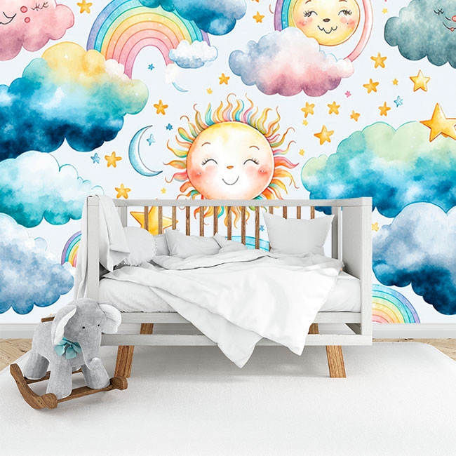 Watercolor Sun and Clouds Wall Decals Polka Dots Decal Clouds Wall Stickers  新発売の - ウォールステッカー