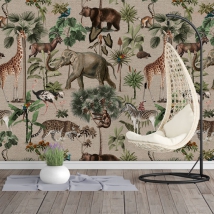 Wallpaper or mural drawing vintage animals style wallpaper