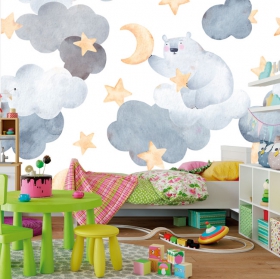 Wallpaper or mural children's drawing sweet dreams bear in clouds stars and moon