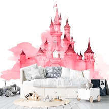 Pink watercolor castle wall mural or wallpaper