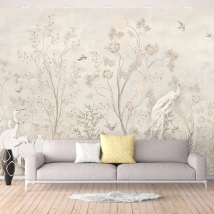 Wallpaper or photomural drawing vintage landscape cranes plants and swallows