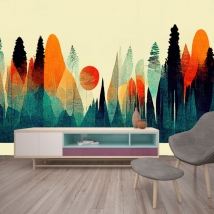 Retro modern forest landscape painting wallpaper or wall mural