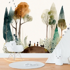 Watercolor forest cats wall mural or wallpaper