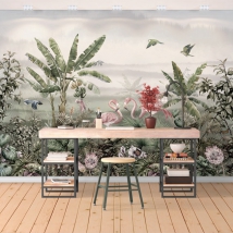 Wall mural or wallpaper illustration tropical landscape flamingos plants and birds