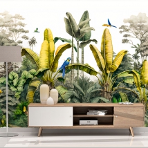 Wall mural or wallpaper tropical jungle illustration with macaws butterflies and palm trees