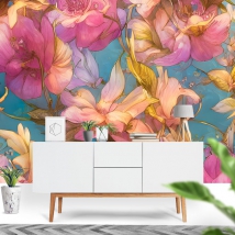 Youthful wall mural or wallpaper drawing modern watercolor flowers