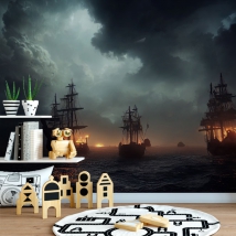 Wall mural or wallpaper naval battle adventure sea and fire