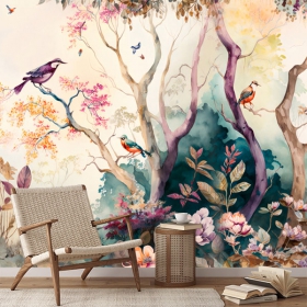 Wall mural or wallpaper watercolor illustration flowers trees and hummingbird vintage