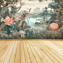 Wall mural or wallpaper vintage drawing crane lake plants and flowers