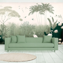 Wall mural or wallpaper tropical vintage drawing with palm trees flamingos and birds